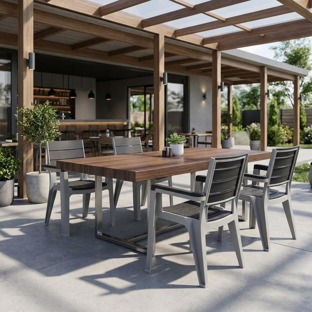 Set of Four Charcoal And Gray Faux Wood Heavy Duty Plastic Outdoor Stacking Arm Chairs — view 8