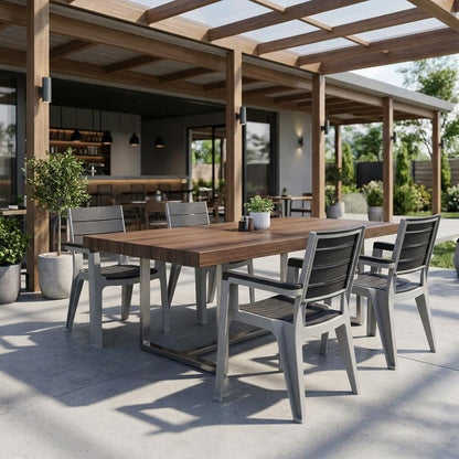 Set of Four Charcoal And Gray Faux Wood Heavy Duty Plastic Outdoor Stacking Arm Chairs HomeRoots