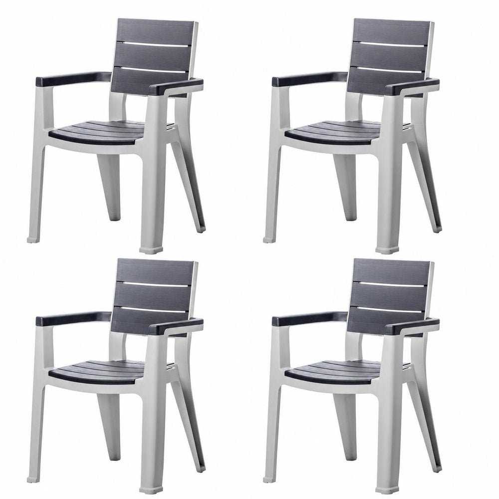Set of Four Charcoal And Gray Faux Wood Heavy Duty Plastic Outdoor Stacking Arm Chairs — view 1