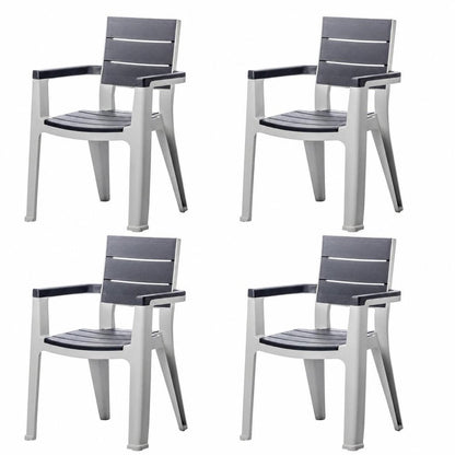 Set of Four Charcoal And Gray Faux Wood Heavy Duty Plastic Outdoor Stacking Arm Chairs HomeRoots