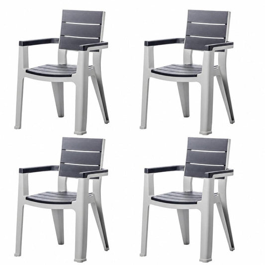 Set of Four Charcoal And Gray Faux Wood Heavy Duty Plastic Outdoor Stacking Arm Chairs