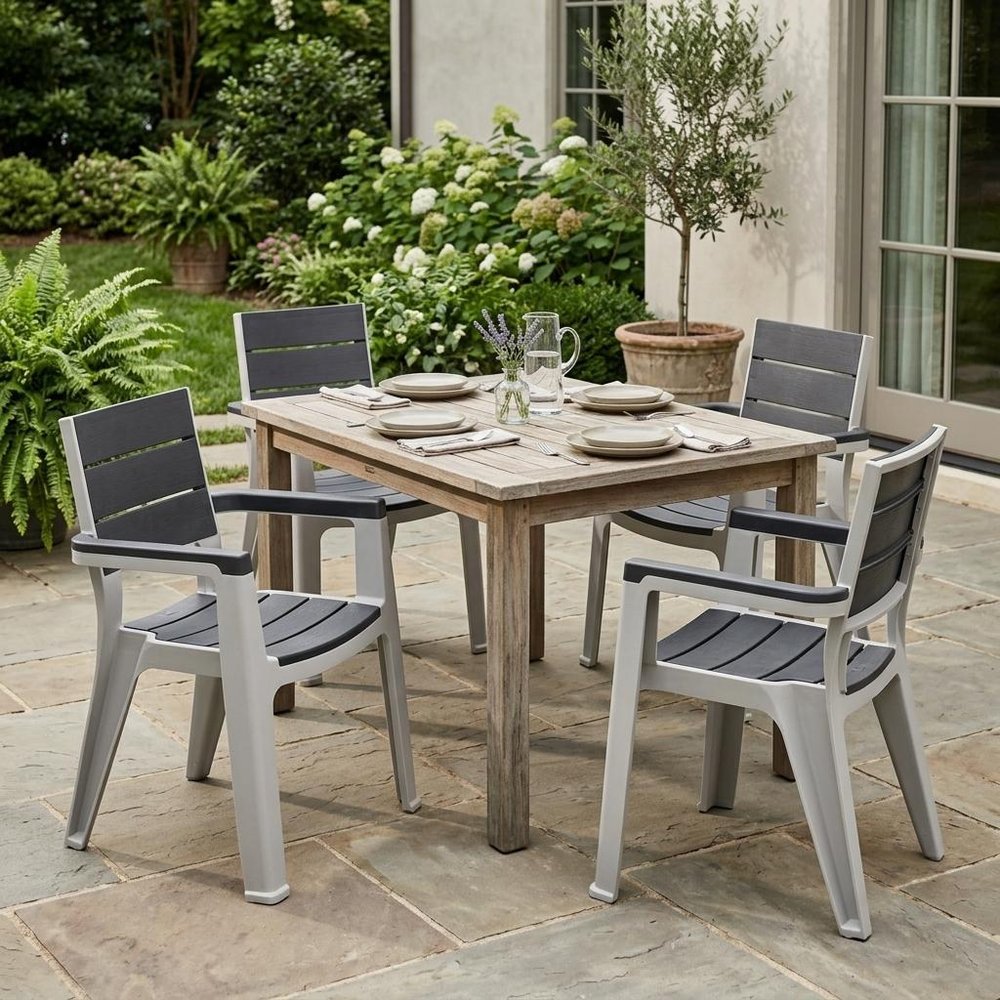 Set of Four Charcoal And Gray Faux Wood Heavy Duty Plastic Outdoor Stacking Arm Chairs — view 2
