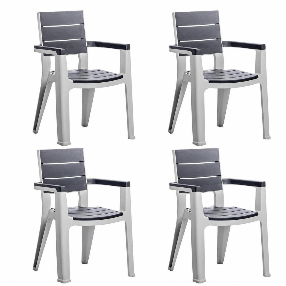 Set of Four Charcoal And Gray Faux Wood Heavy Duty Plastic Outdoor Stacking Arm Chairs HomeRoots