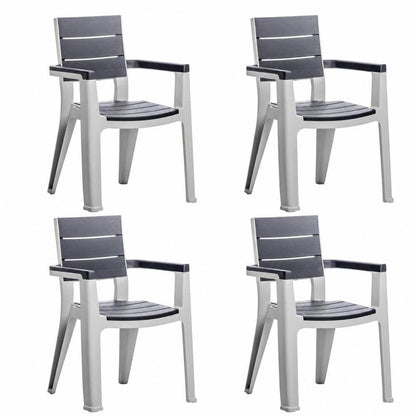 Set of Four Charcoal And Gray Faux Wood Heavy Duty Plastic Outdoor Stacking Arm Chairs HomeRoots