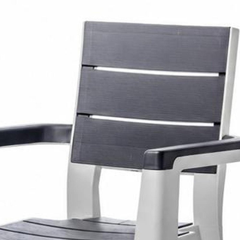 Set of Four Charcoal And Gray Faux Wood Heavy Duty Plastic Outdoor Stacking Arm Chairs — view 6