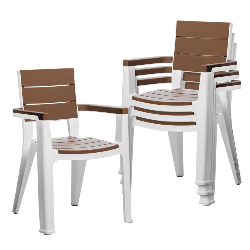 Set of Four Brown And White Faux Wood Heavy Duty Plastic Outdoor Stacking Arm Chairs HomeRoots