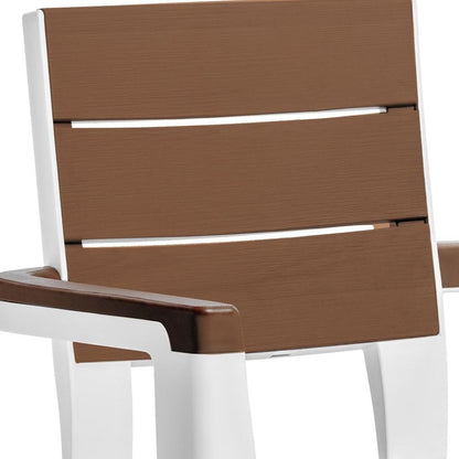Set of Four Brown Faux Wood Heavy Duty Plastic Outdoor Stacking Arm Chairs