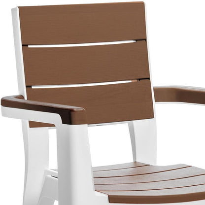 Set of Four Brown Faux Wood Heavy Duty Plastic Outdoor Stacking Arm Chairs