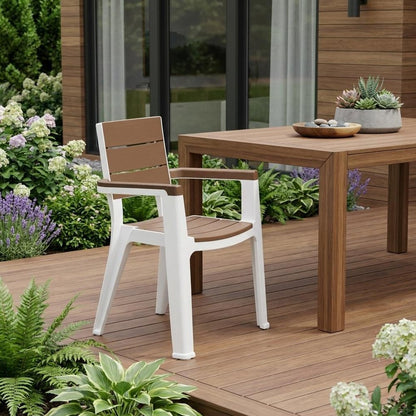 Set of Four Brown Faux Wood Heavy Duty Plastic Outdoor Stacking Arm Chairs