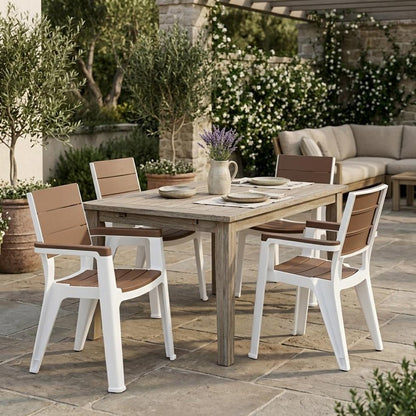 Set of Four Brown And White Faux Wood Heavy Duty Plastic Outdoor Stacking Arm Chairs HomeRoots
