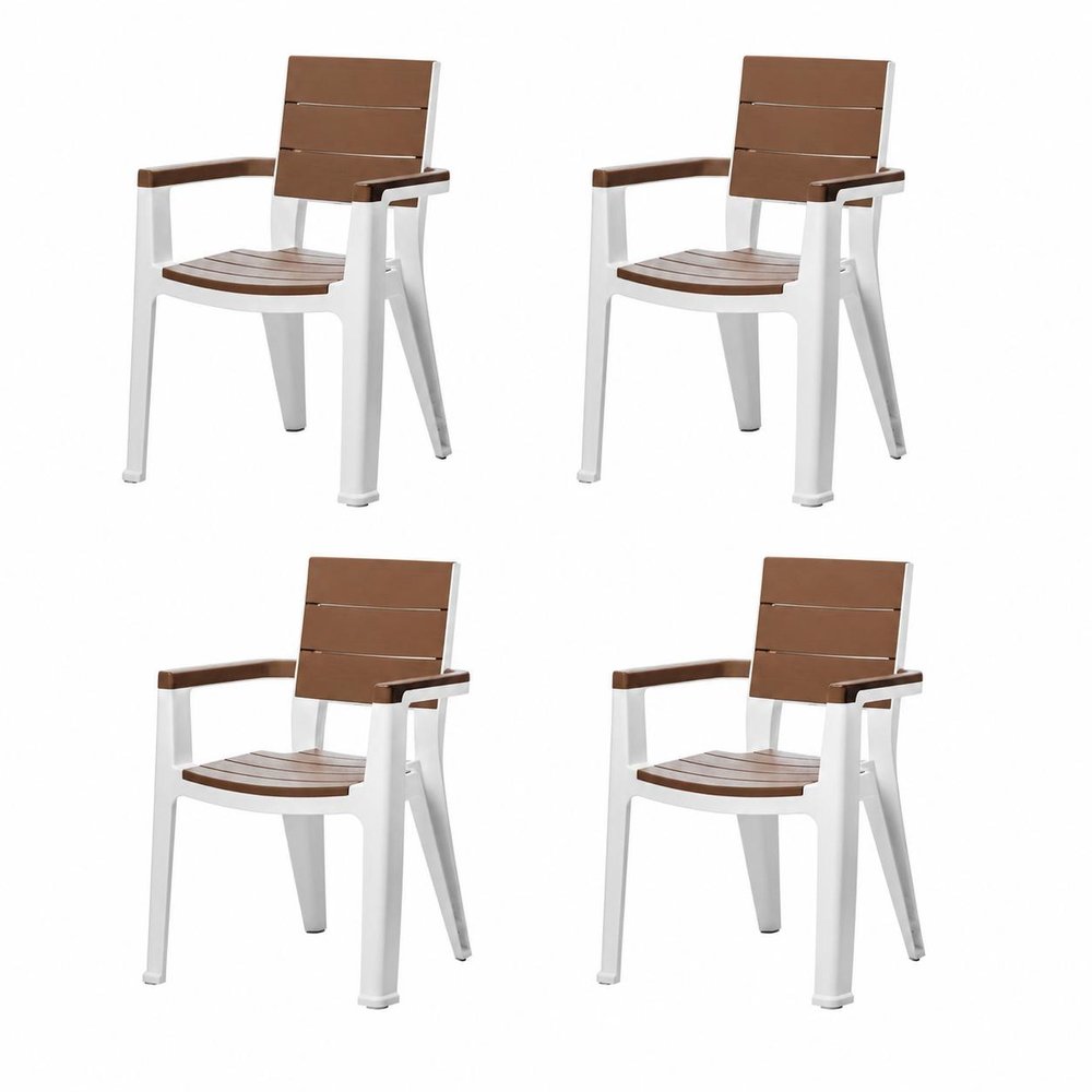 Set of Four Brown And White Faux Wood Heavy Duty Plastic Outdoor Stacking Arm Chairs — view 6