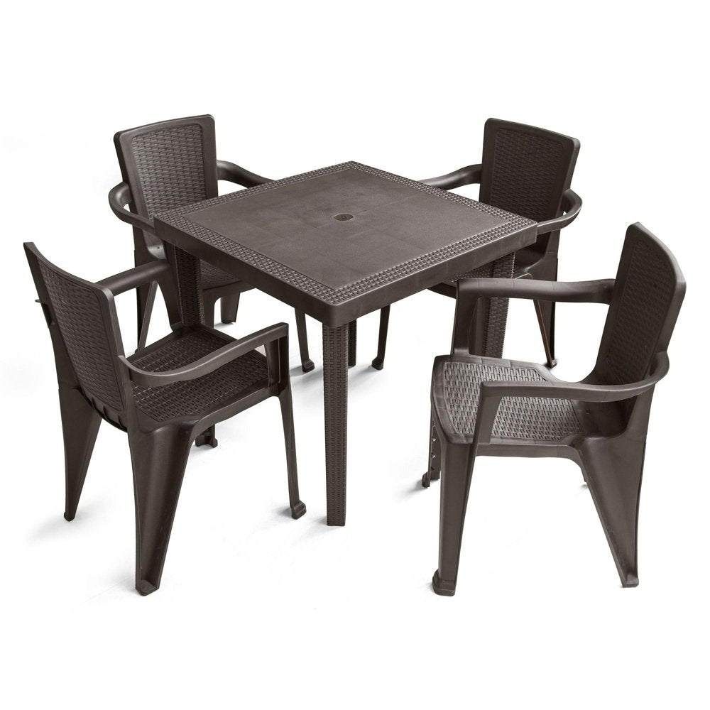 Set of Four Espresso Textured Heavy Duty Plastic Outdoor Stacking Arm Chairs HomeRoots