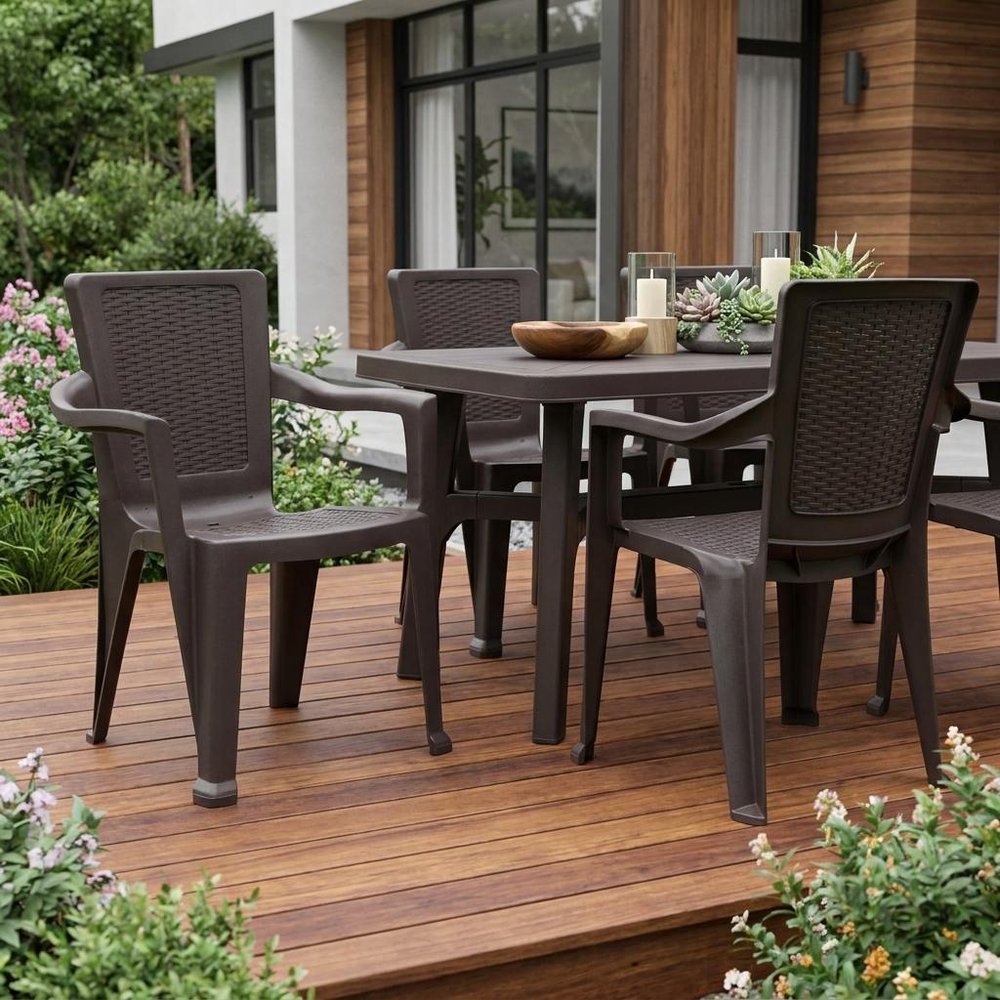 Set of Four Espresso Textured Heavy Duty Plastic Outdoor Stacking Arm Chairs HomeRoots