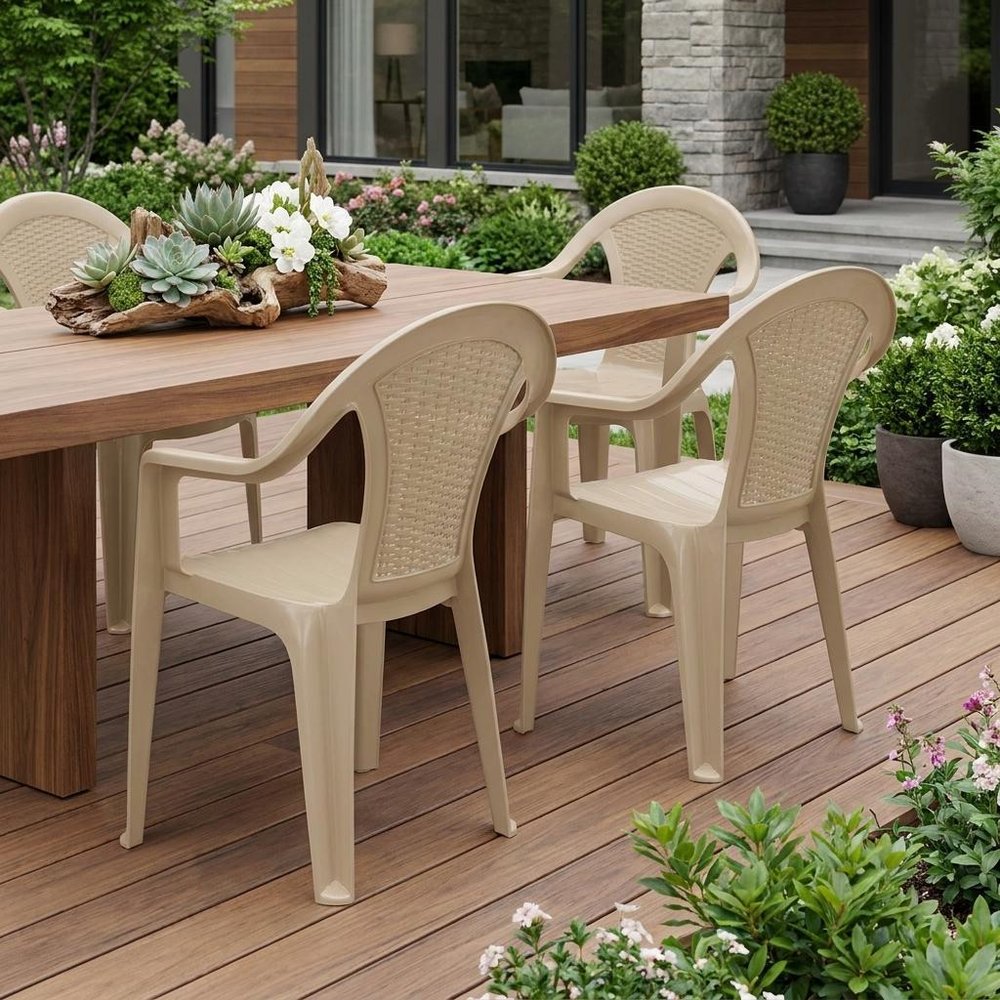 Set of Four Taupe Textured Heavy Duty Plastic Outdoor Stacking Arm Chairs — view 5