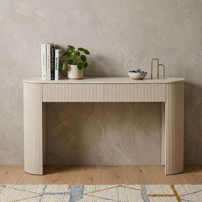 54" Off White Wood Ribbed Texture Double Pedestal Oval Console Table With Two Drawers HomeRoots