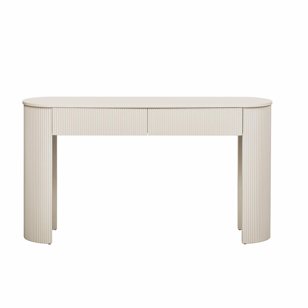 54" Off White Wood Ribbed Texture Double Pedestal Oval Console Table With Two Drawers HomeRoots