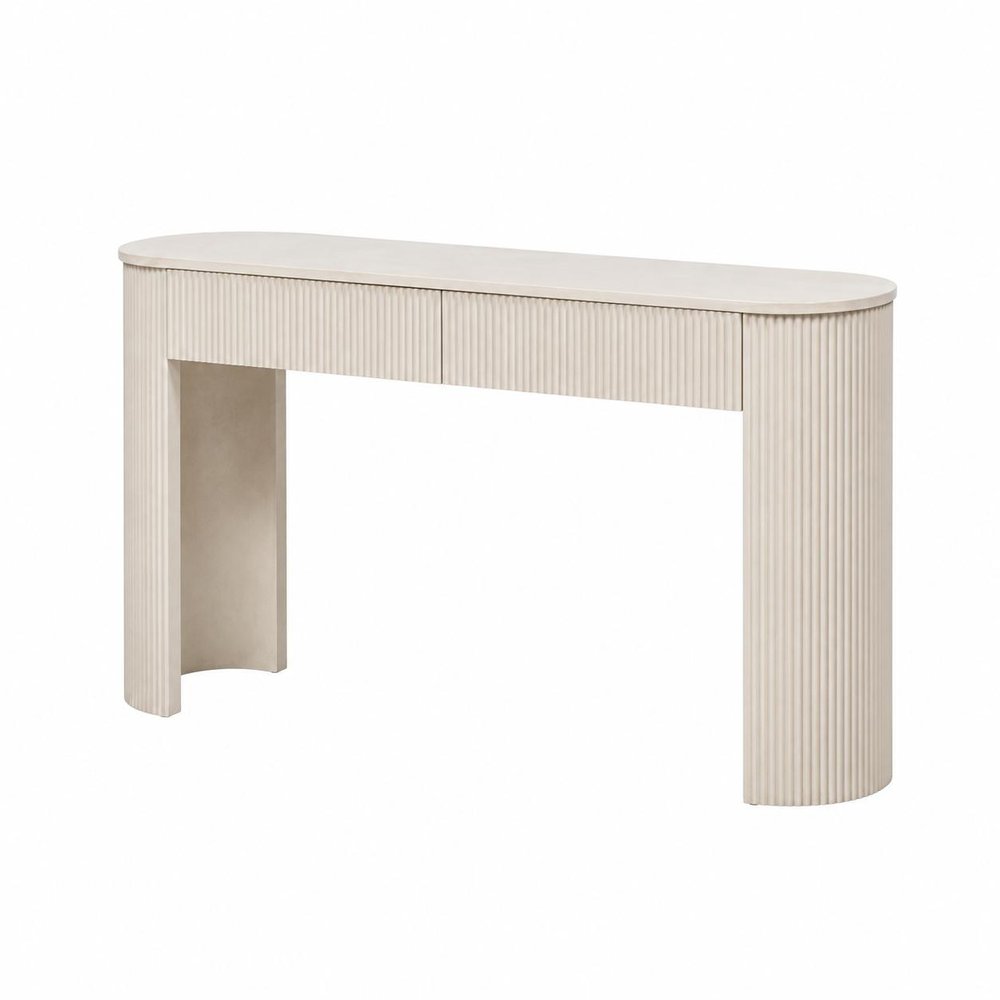 54" Off White Wood Ribbed Texture Double Pedestal Oval Console Table With Two Drawers — view 8