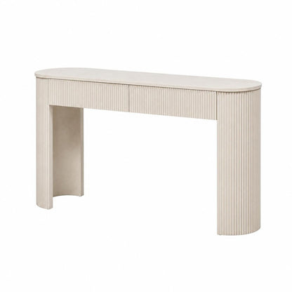 54" Off White Wood Ribbed Texture Double Pedestal Oval Console Table With Two Drawers HomeRoots
