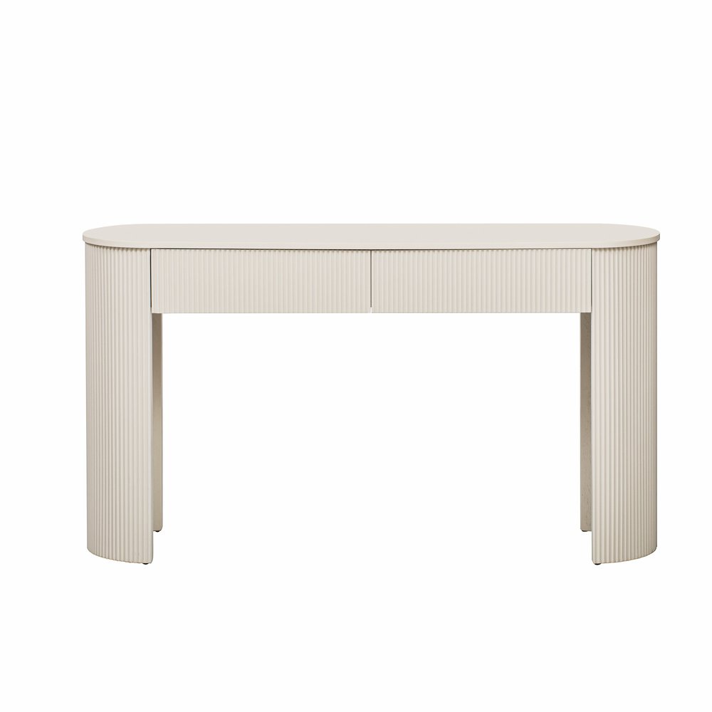 54" Off White Wood Ribbed Texture Double Pedestal Oval Console Table With Two Drawers HomeRoots