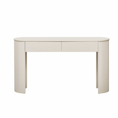 54" Off White Wood Ribbed Texture Double Pedestal Oval Console Table With Two Drawers HomeRoots
