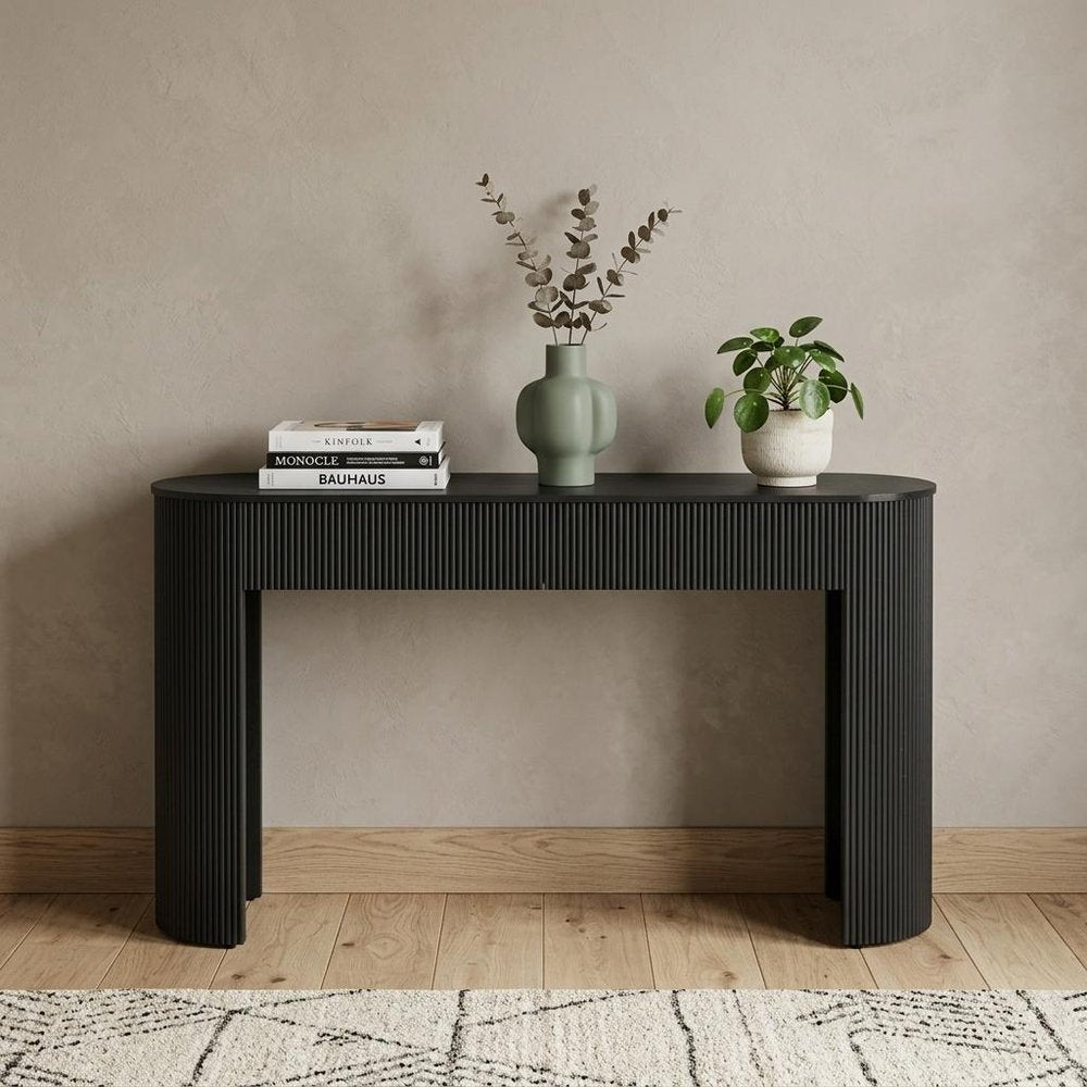 54" Off White Wood Ribbed Texture Double Pedestal Oval Console Table With Two Drawers — view 11