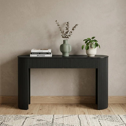 54" Off White Wood Ribbed Texture Double Pedestal Oval Console Table With Two Drawers HomeRoots