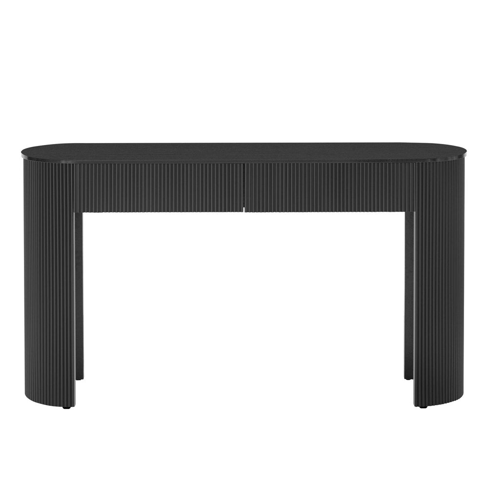 54" Off White Wood Ribbed Texture Double Pedestal Oval Console Table With Two Drawers