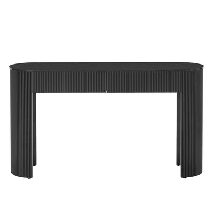 54" Off White Wood Ribbed Texture Double Pedestal Oval Console Table With Two Drawers
