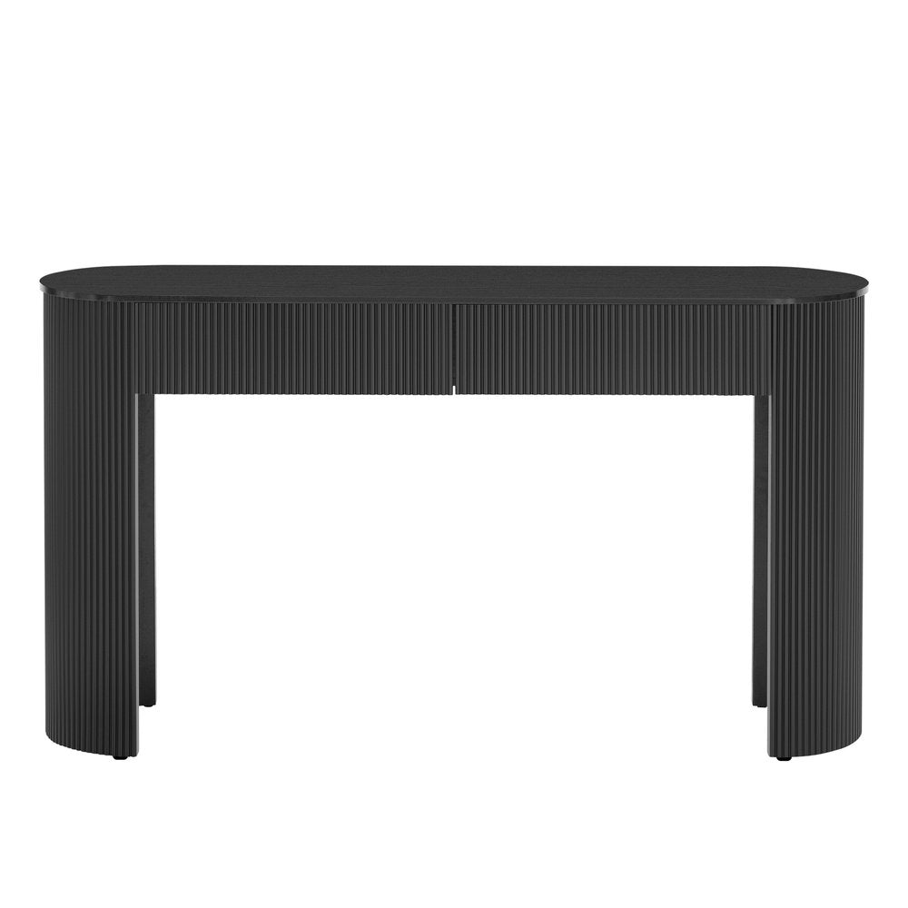 54" Off White Wood Ribbed Texture Double Pedestal Oval Console Table With Two Drawers — view 9