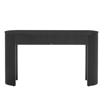 54" Off White Wood Ribbed Texture Double Pedestal Oval Console Table With Two Drawers HomeRoots