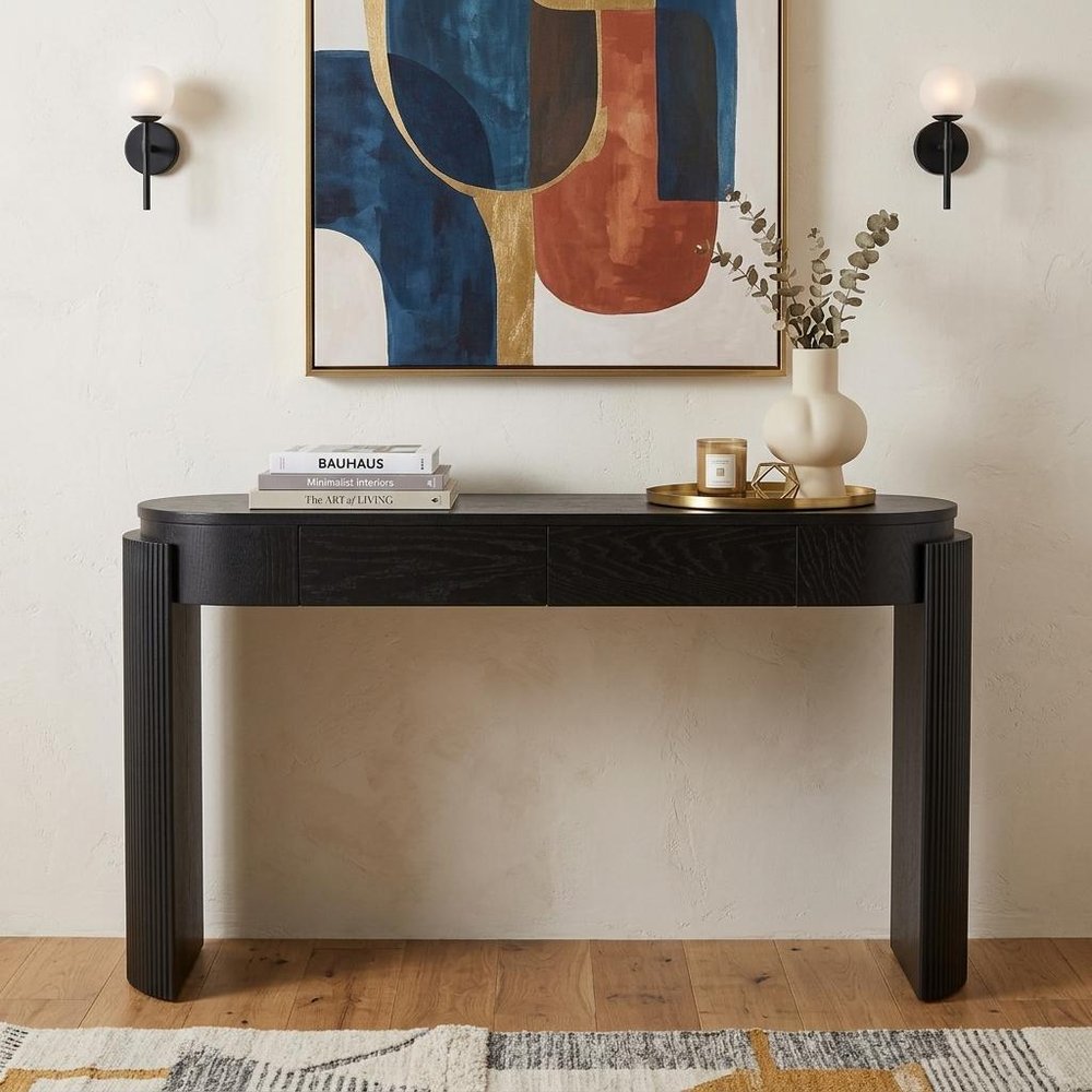 55" Teal Blue Wood Oval Double Pedestal Console Table With Two Drawers — view 3