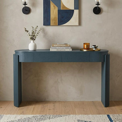 55" Teal Blue Wood Oval Double Pedestal Console Table With Two Drawers HomeRoots