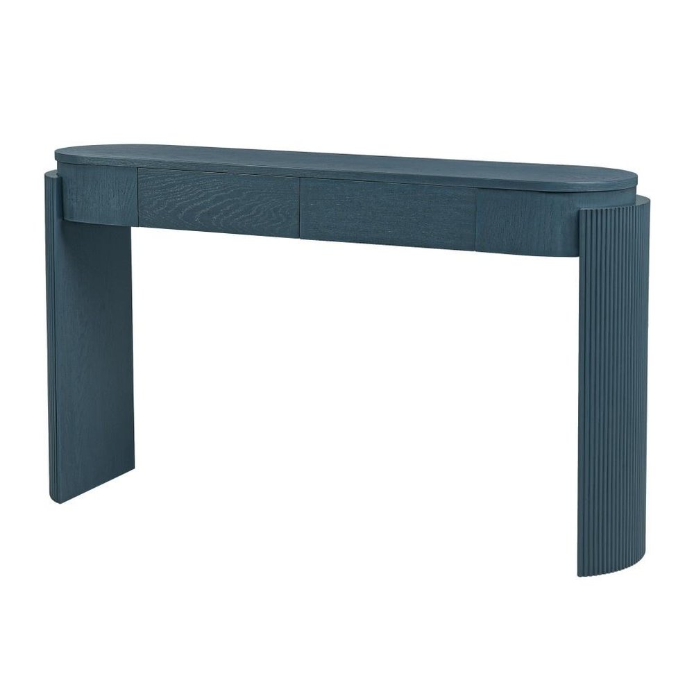55" Teal Blue Wood Oval Double Pedestal Console Table With Two Drawers HomeRoots