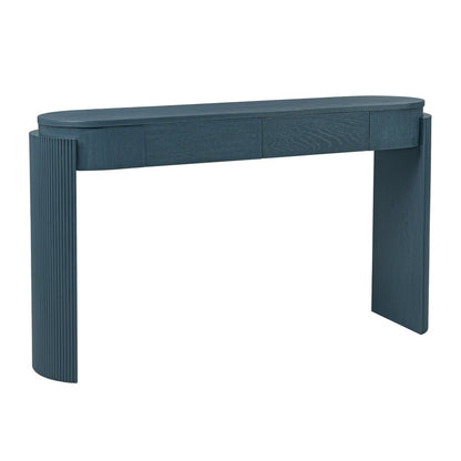 55" Teal Blue Wood Oval Double Pedestal Console Table With Two Drawers HomeRoots