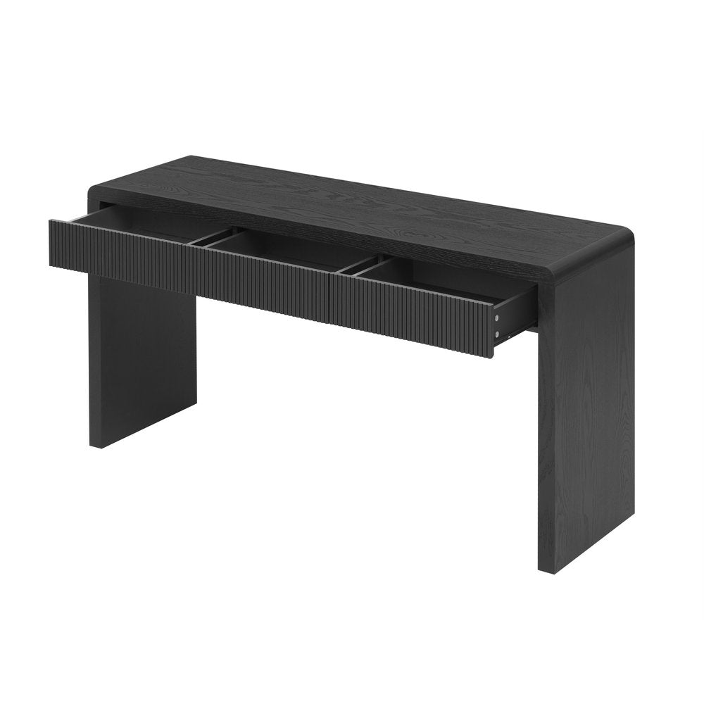 55" Natural Wood Double Pedestal Console Table With Three Drawers — view 6