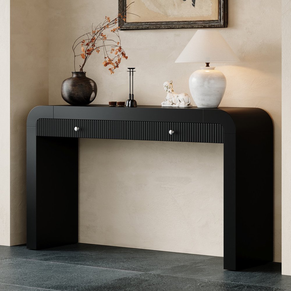 54" Black Wood Double Pedestal Curved Edge Console Table With Two Drawers — view 1