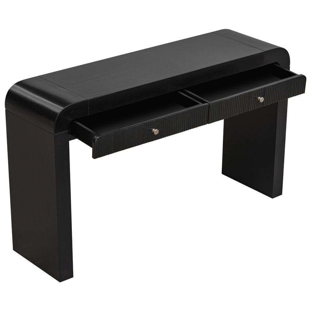 54" Black Wood Double Pedestal Curved Edge Console Table With Two Drawers HomeRoots