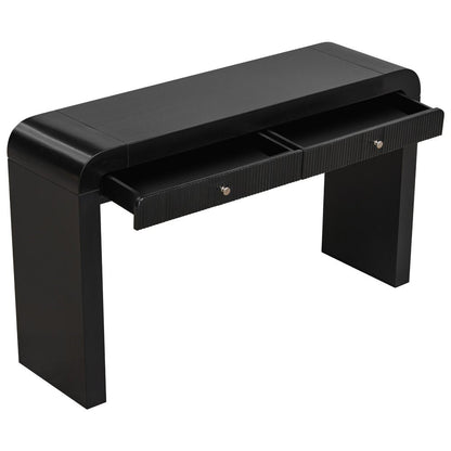 54" Black Wood Double Pedestal Curved Edge Console Table With Two Drawers HomeRoots