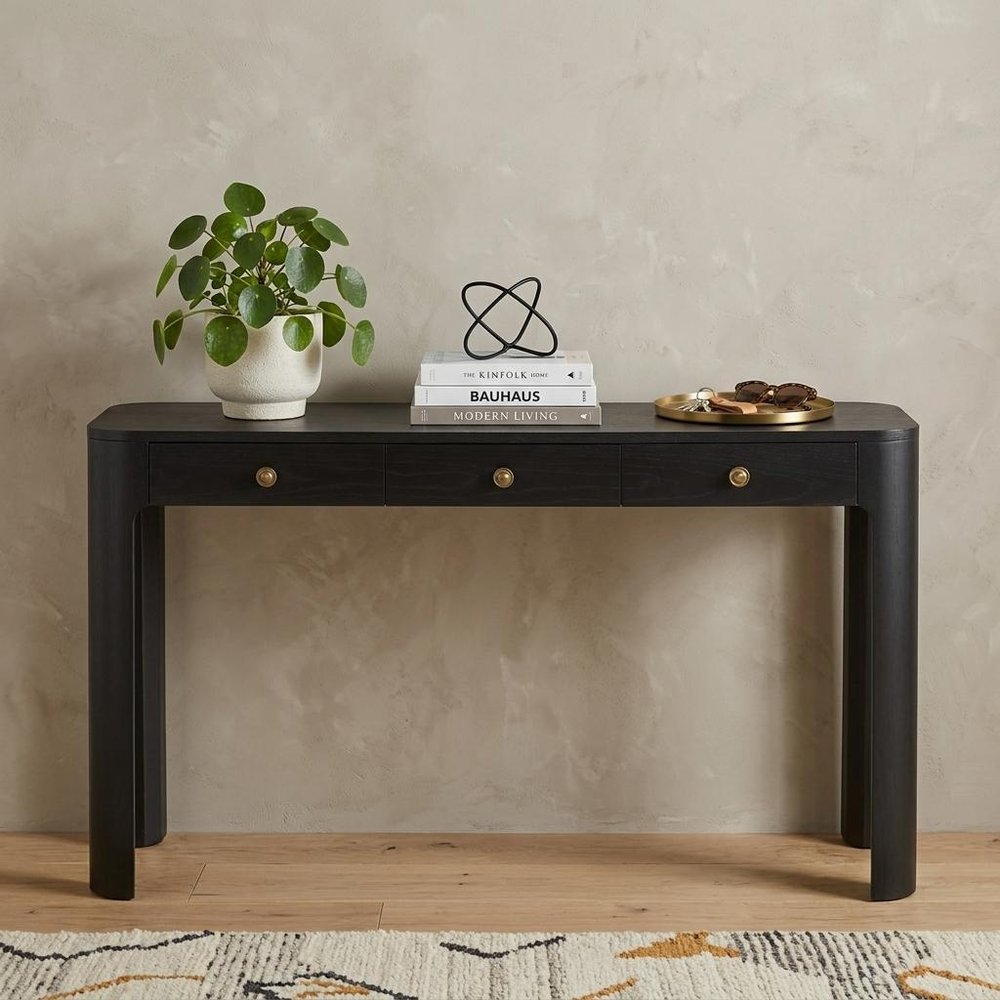 52" Black Wood Console Table With Three Drawers — view 3