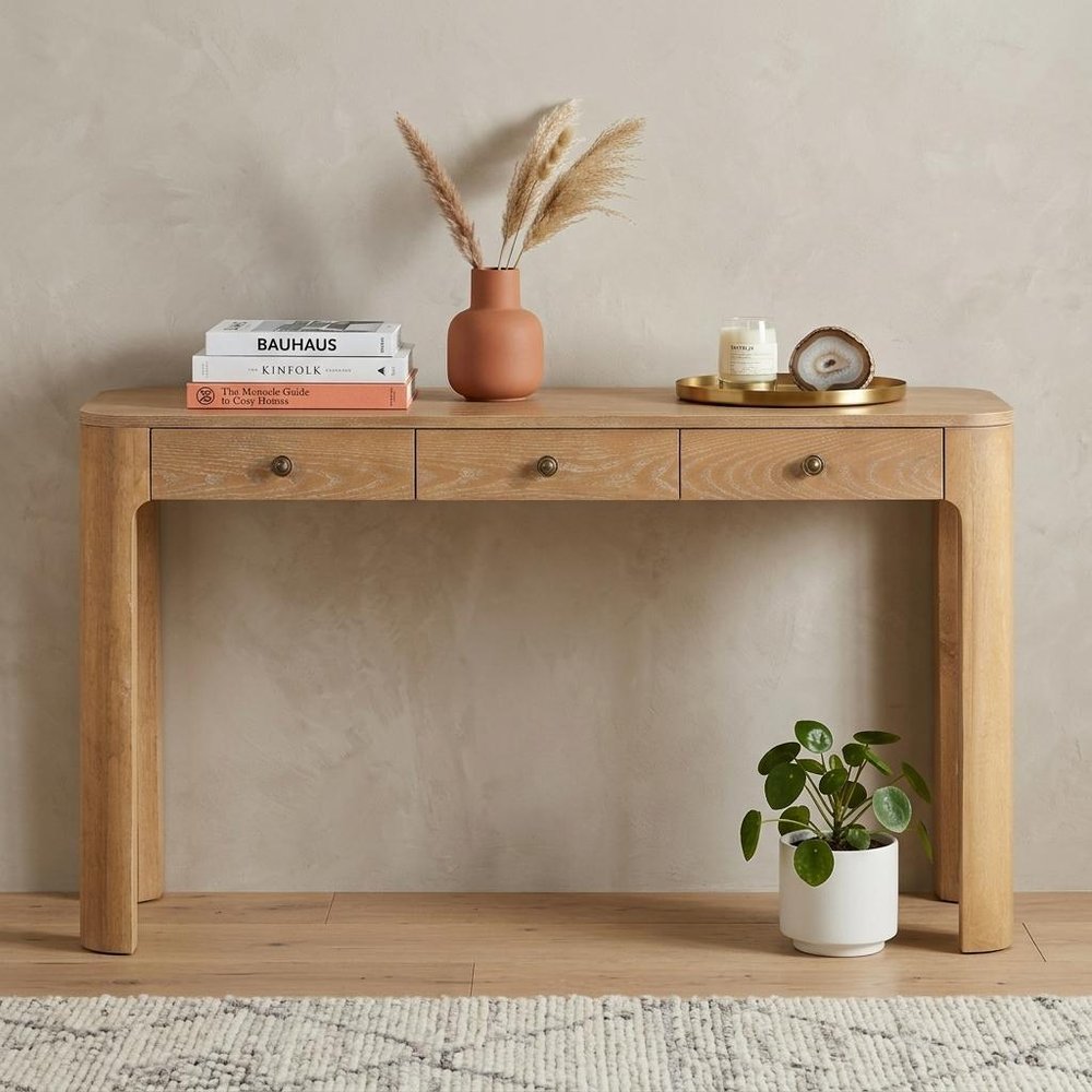 52" Black Wood Console Table With Three Drawers — view 12