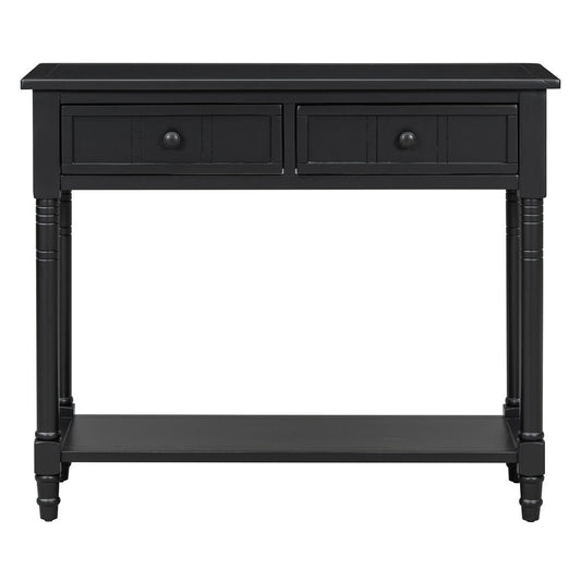 36" Black Solid Wood Console Table With Shelf And Two Drawers HomeRoots