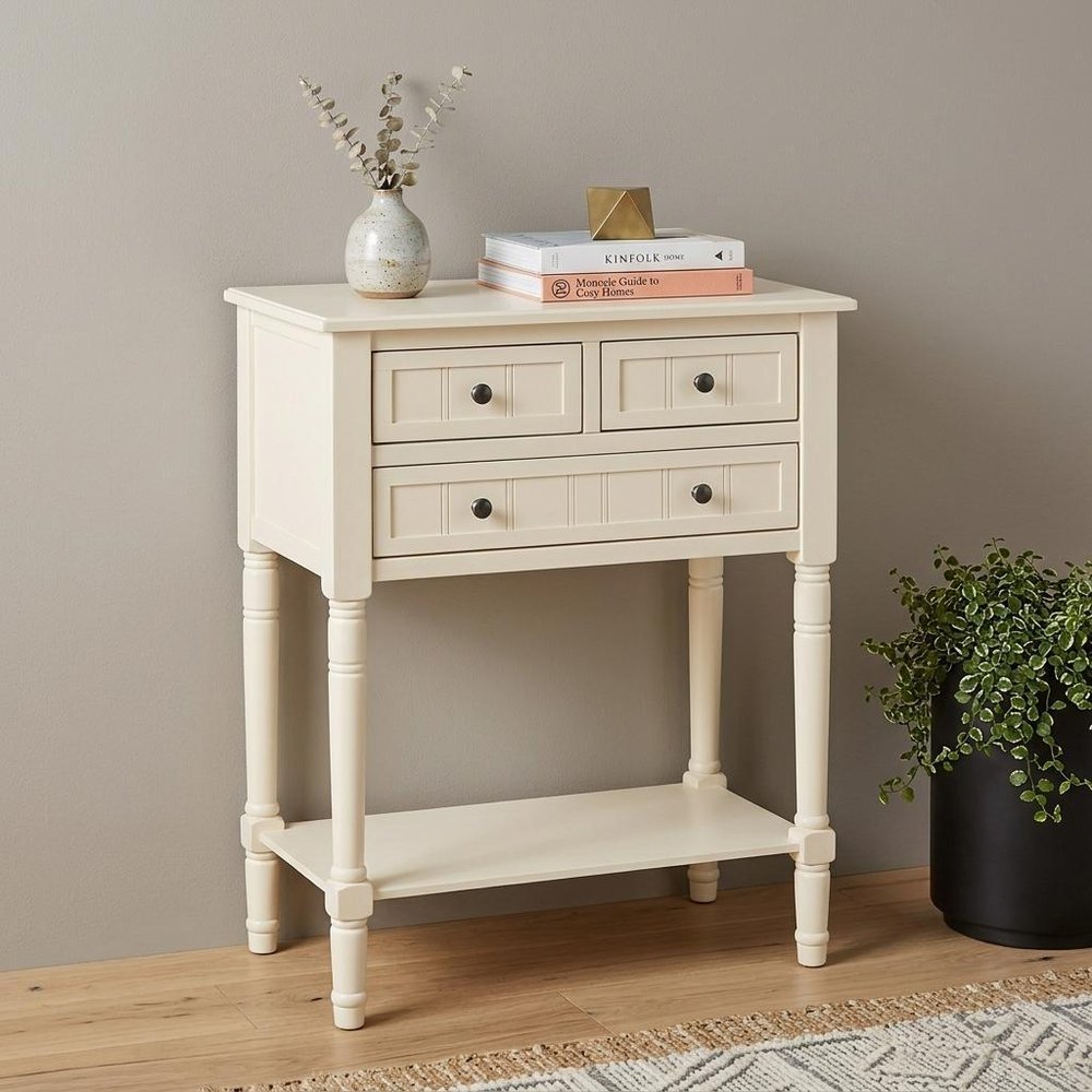 24" Light Blue Solid Wood Distressed Console Table With Shelf And Three Drawers
