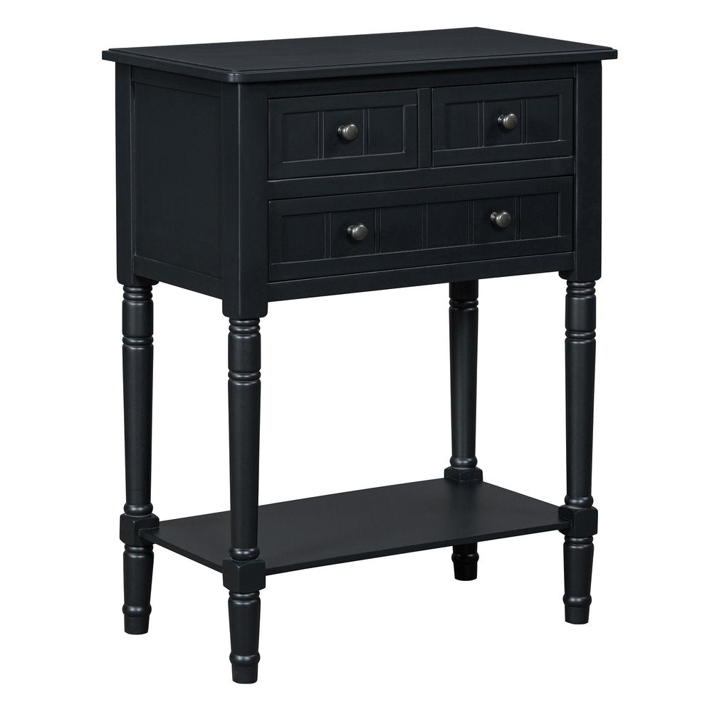 24" Black Solid Wood Console Table With Shelf And Three Drawers HomeRoots