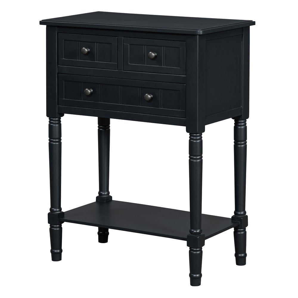 24" Black Solid Wood Console Table With Shelf And Three Drawers HomeRoots