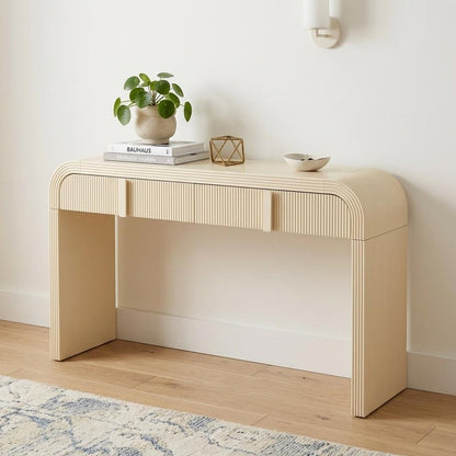 55" Cream Wood Round Double Pedestal Console Table With Two Drawers HomeRoots