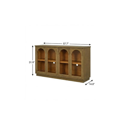 58" Brown Wood Carved Geometric Sideboard With Four Glass Doors HomeRoots