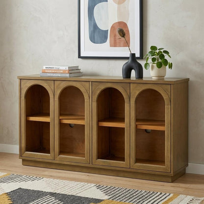 58" Brown Wood Carved Geometric Sideboard With Four Glass Doors HomeRoots