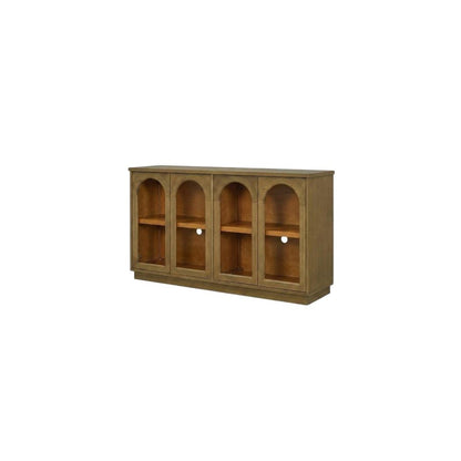58" Brown Wood Carved Geometric Sideboard With Four Glass Doors HomeRoots