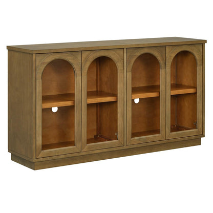 58" Brown Wood Carved Geometric Sideboard With Four Glass Doors HomeRoots