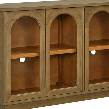58" Brown Wood Carved Geometric Sideboard With Four Glass Doors HomeRoots